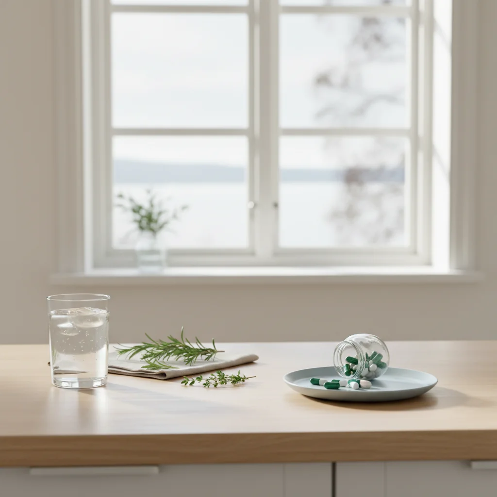Skandinaviskt kök i morgonljus med ett glas vatten och naturliga ingredienser - symbolbild för en hälsosam morgonrutin