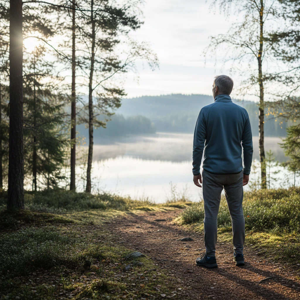 Man från baksidan på en skogsled i Sverige, blickar ut mot en lugn sjö i morgonljus - aktiv livsstil