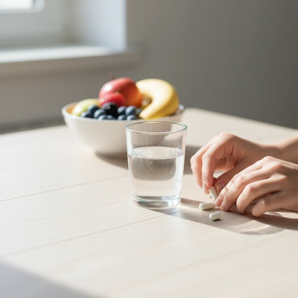 Händer som placerar två vita kapslar bredvid ett glas vatten på ett ljust frukostbord